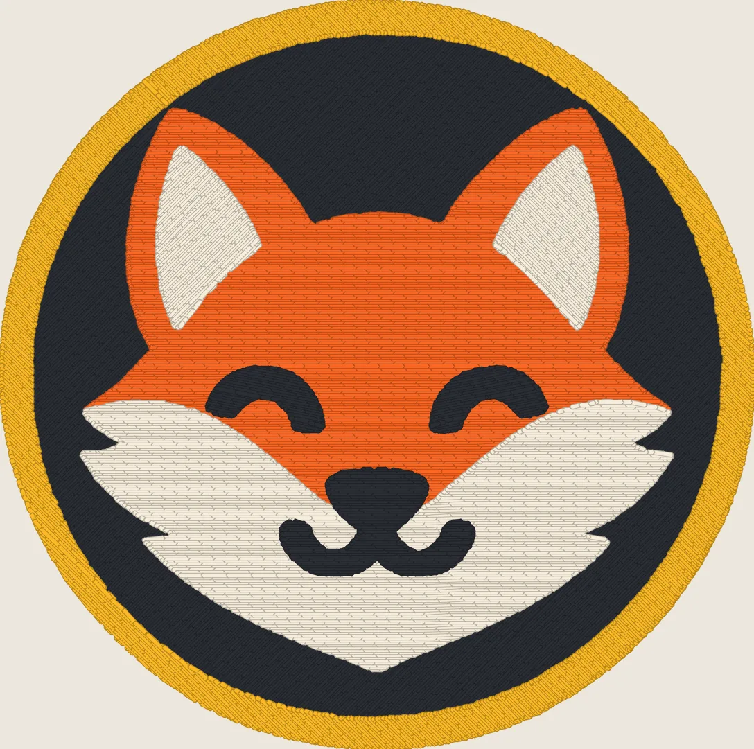 The same fox-head logo as a stitch simulation