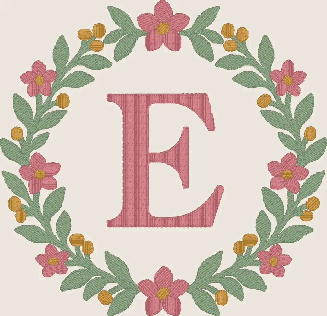 The monogram digitized from the clean export, as a stitch simulation